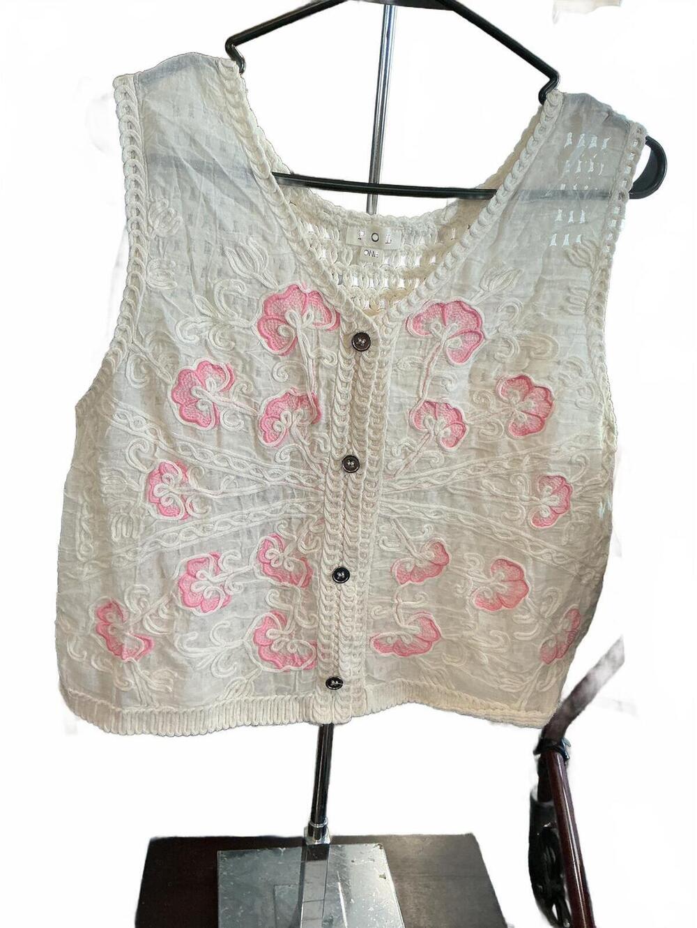 POL Crochet Vest Cropped Embroidered Pink Floral Button OS